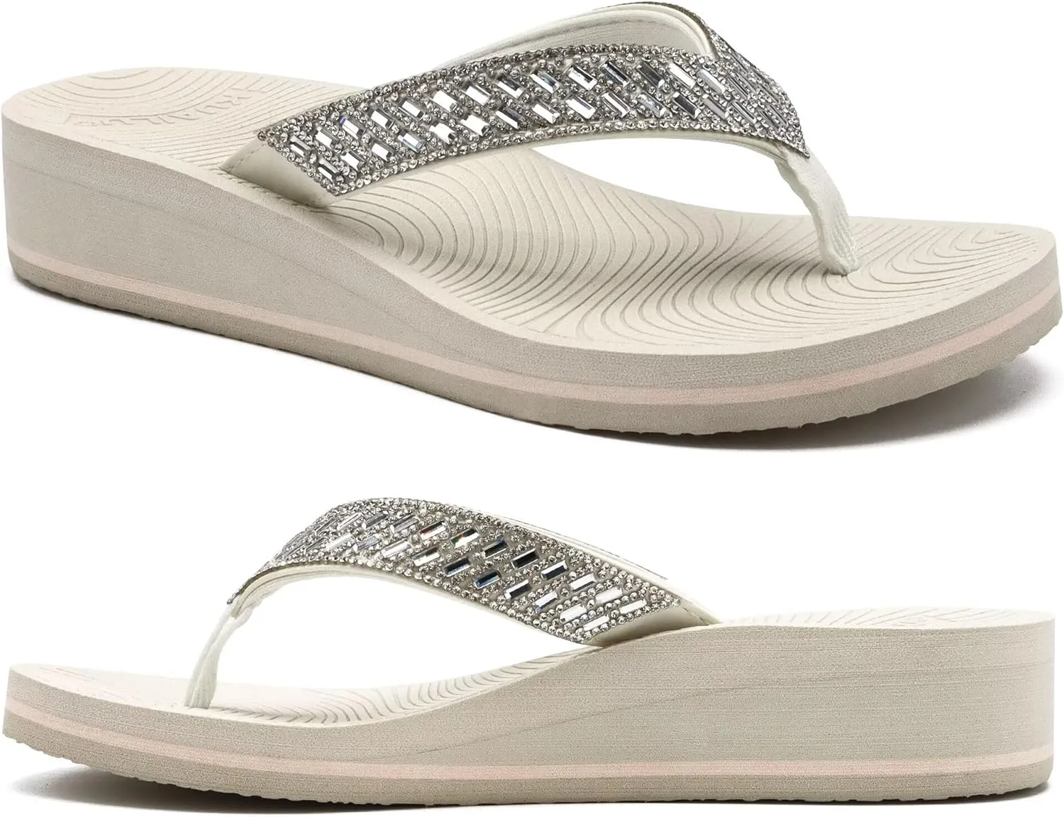 KuaiLu Womens Dressy Rhinestone Platform Flip Flops Trendy Comfortable Arch Support Cushion Walking Thong Sandals Yoga Foam Low Wedge Slippers Summer Pool Beach