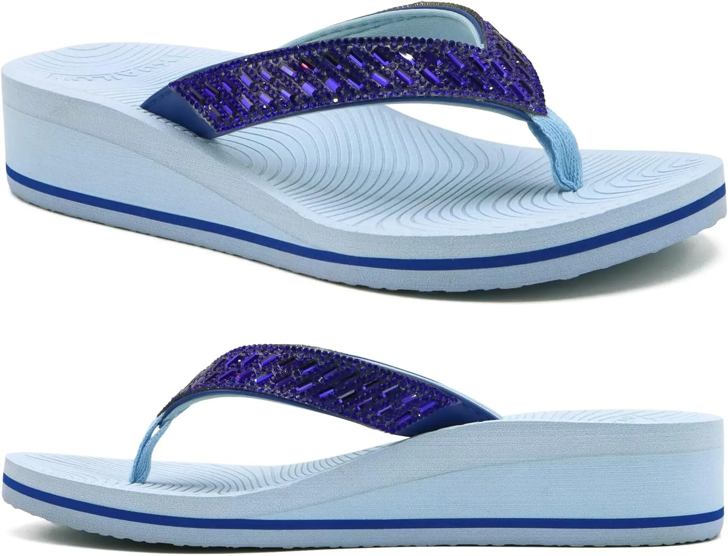 KuaiLu Womens Dressy Rhinestone Platform Flip Flops Trendy Comfortable Arch Support Cushion Walking Thong Sandals Yoga Foam Low Wedge Slippers Summer Pool Beach
