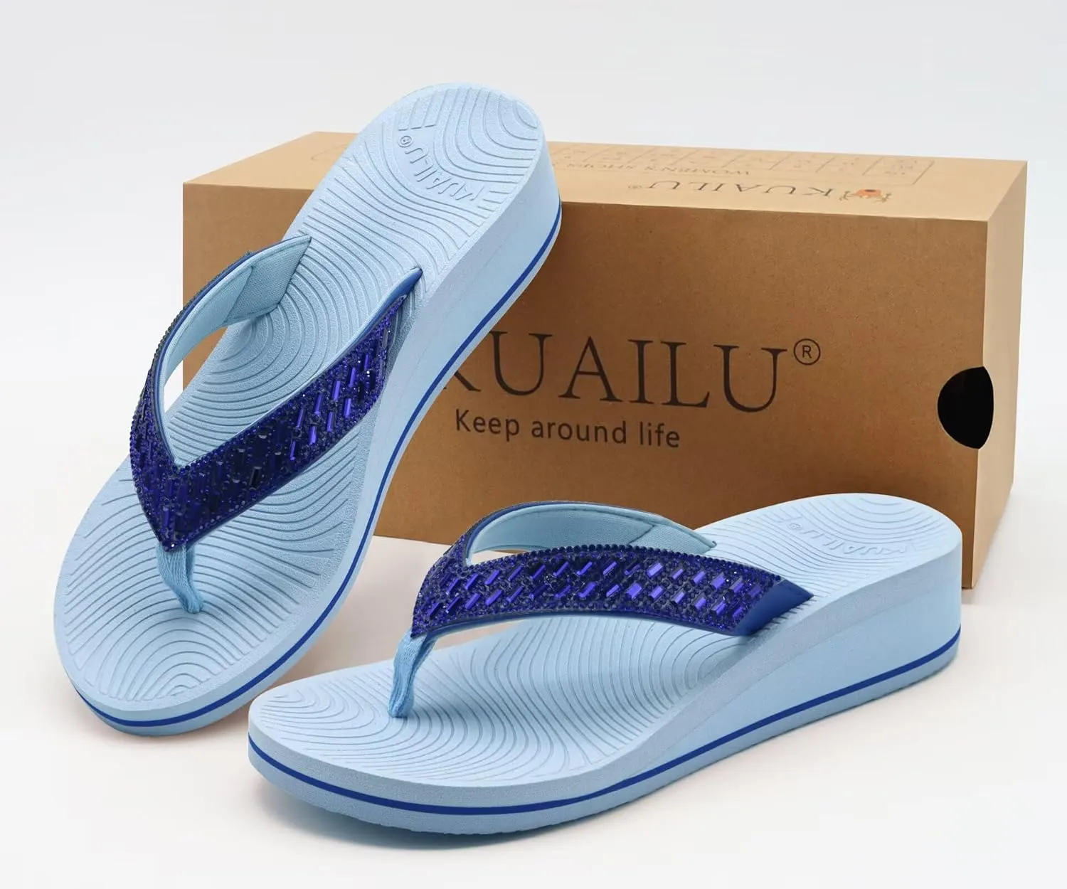 KuaiLu Womens Dressy Rhinestone Platform Flip Flops Trendy Comfortable Arch Support Cushion Walking Thong Sandals Yoga Foam Low Wedge Slippers Summer Pool Beach