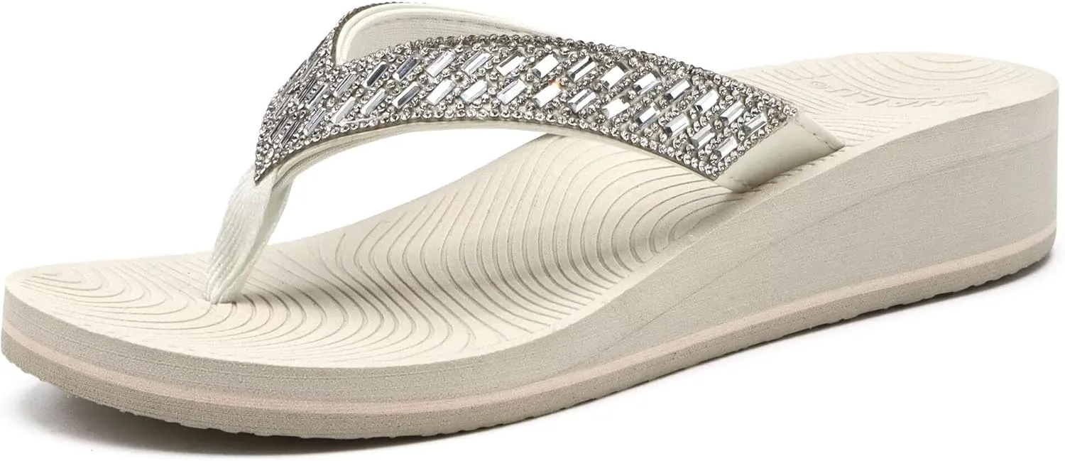 KuaiLu Womens Dressy Rhinestone Platform Flip Flops Trendy Comfortable Arch Support Cushion Walking Thong Sandals Yoga Foam Low Wedge Slippers Summer Pool Beach