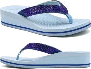 KuaiLu Womens Dressy Rhinestone Platform Flip Flops Trendy Comfortable Arch Support Cushion Walking Thong Sandals Yoga Foam Low Wedge Slippers Summer Pool Beach
