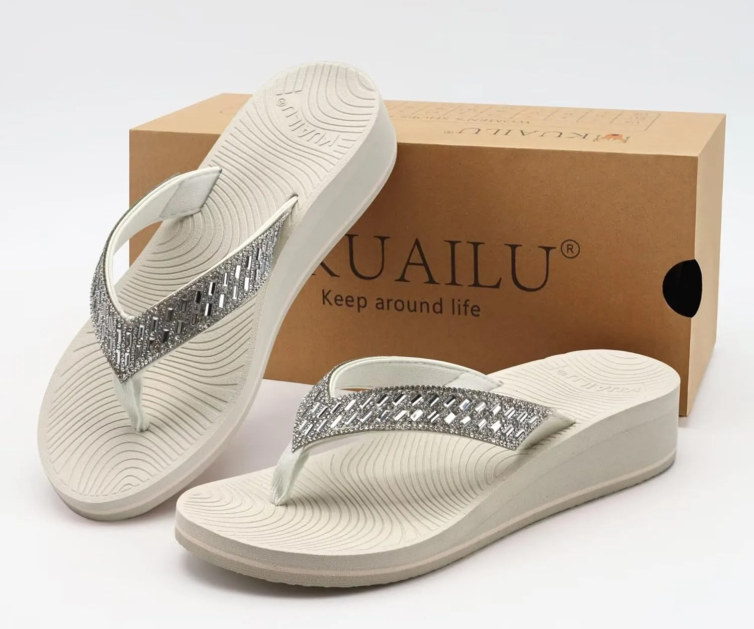 KuaiLu Womens Dressy Rhinestone Platform Flip Flops Trendy Comfortable Arch Support Cushion Walking Thong Sandals Yoga Foam Low Wedge Slippers Summer Pool Beach
