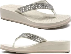 KuaiLu Womens Dressy Rhinestone Platform Flip Flops Trendy Comfortable Arch Support Cushion Walking Thong Sandals Yoga Foam Low Wedge Slippers Summer Pool Beach