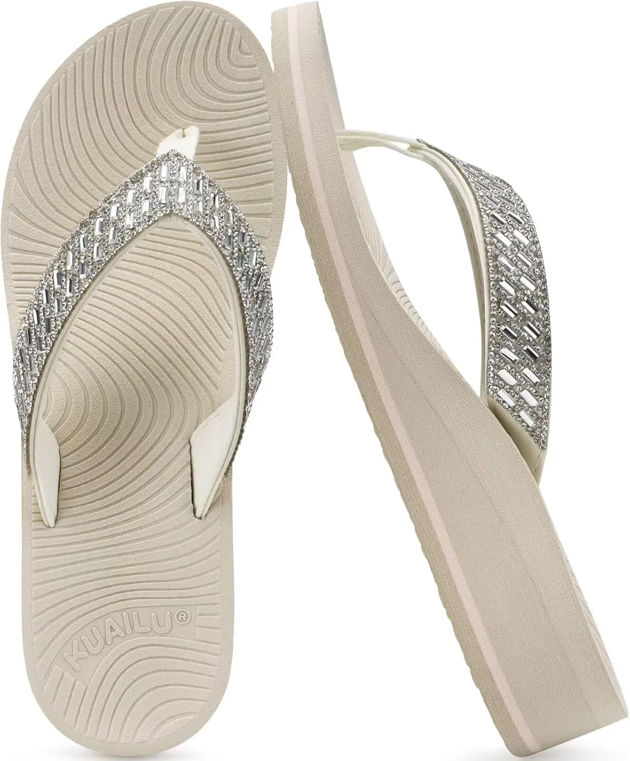 KuaiLu Womens Dressy Rhinestone Platform Flip Flops Trendy Comfortable Arch Support Cushion Walking Thong Sandals Yoga Foam Low Wedge Slippers Summer Pool Beach