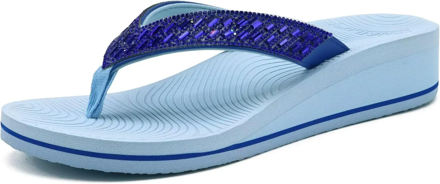 KuaiLu Womens Dressy Rhinestone Platform Flip Flops Trendy Comfortable Arch Support Cushion Walking Thong Sandals Yoga Foam Low Wedge Slippers Summer Pool Beach