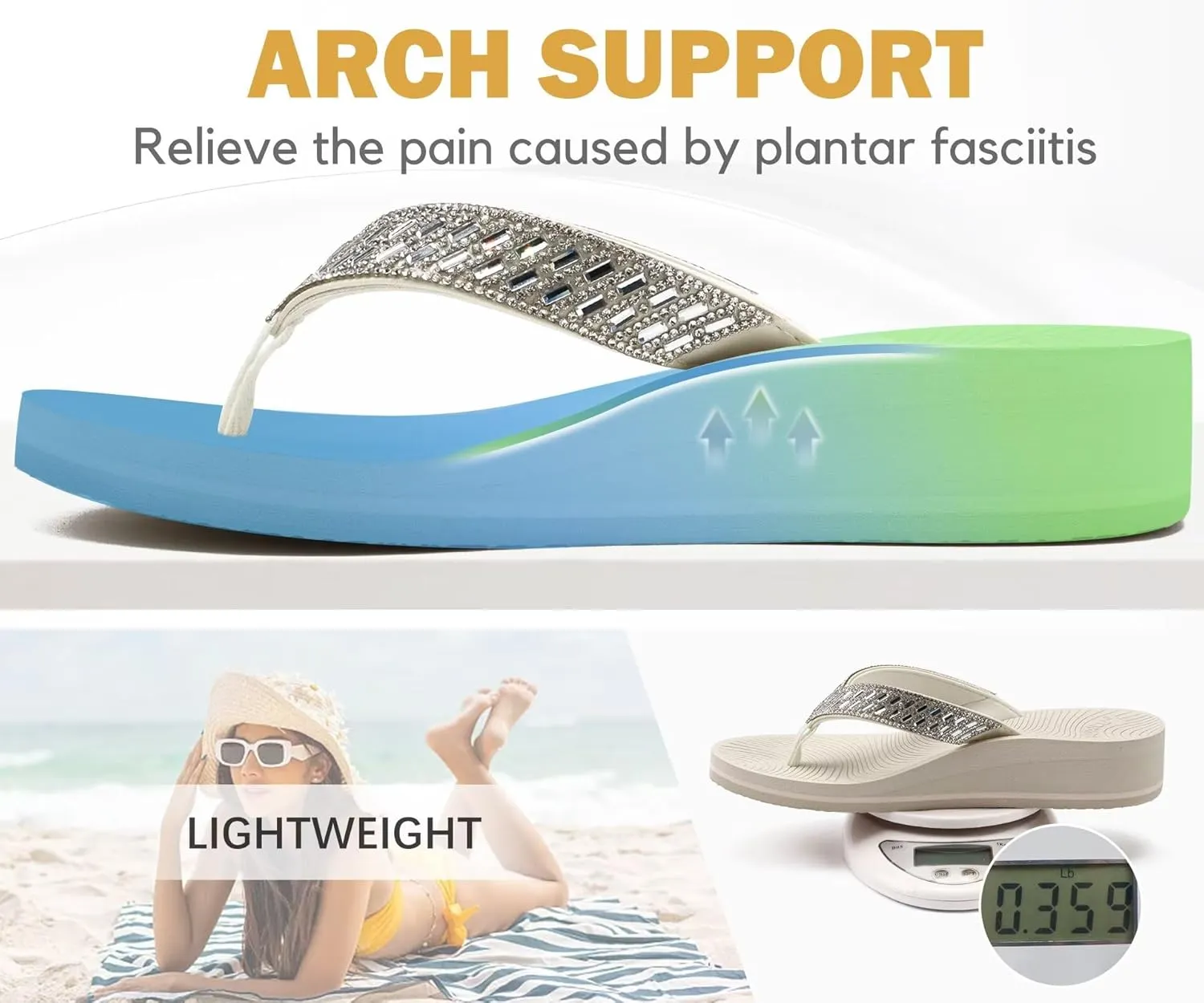 KuaiLu Womens Dressy Rhinestone Platform Flip Flops Trendy Comfortable Arch Support Cushion Walking Thong Sandals Yoga Foam Low Wedge Slippers Summer Pool Beach