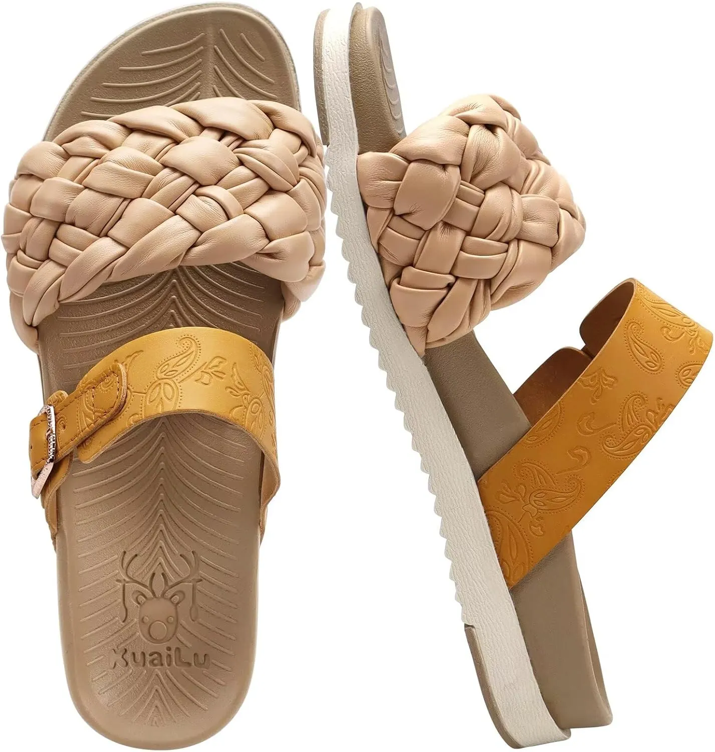 KuaiLu Womens Orthopedic Sandals Comfortable Arch Support Fashion Summer Beach Dressy Sandals With Leather Braided Adjustable Open Toe Cushion Travel Outdoor Plantar Fasciitis Shoes US Size5-11