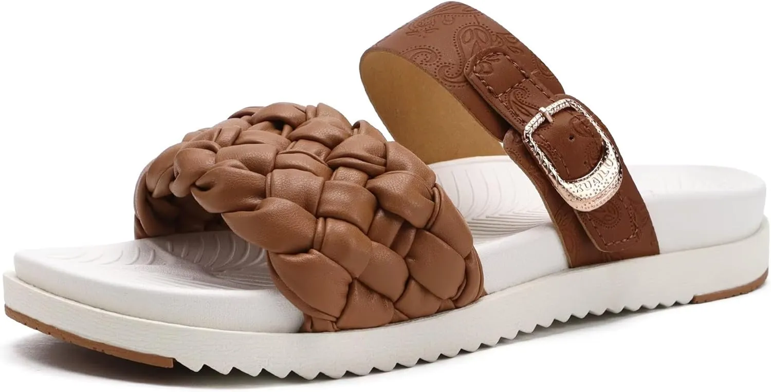 KuaiLu Womens Orthopedic Sandals Comfortable Arch Support Fashion Summer Beach Dressy Sandals With Leather Braided Adjustable Open Toe Cushion Travel Outdoor Plantar Fasciitis Shoes US Size5-11