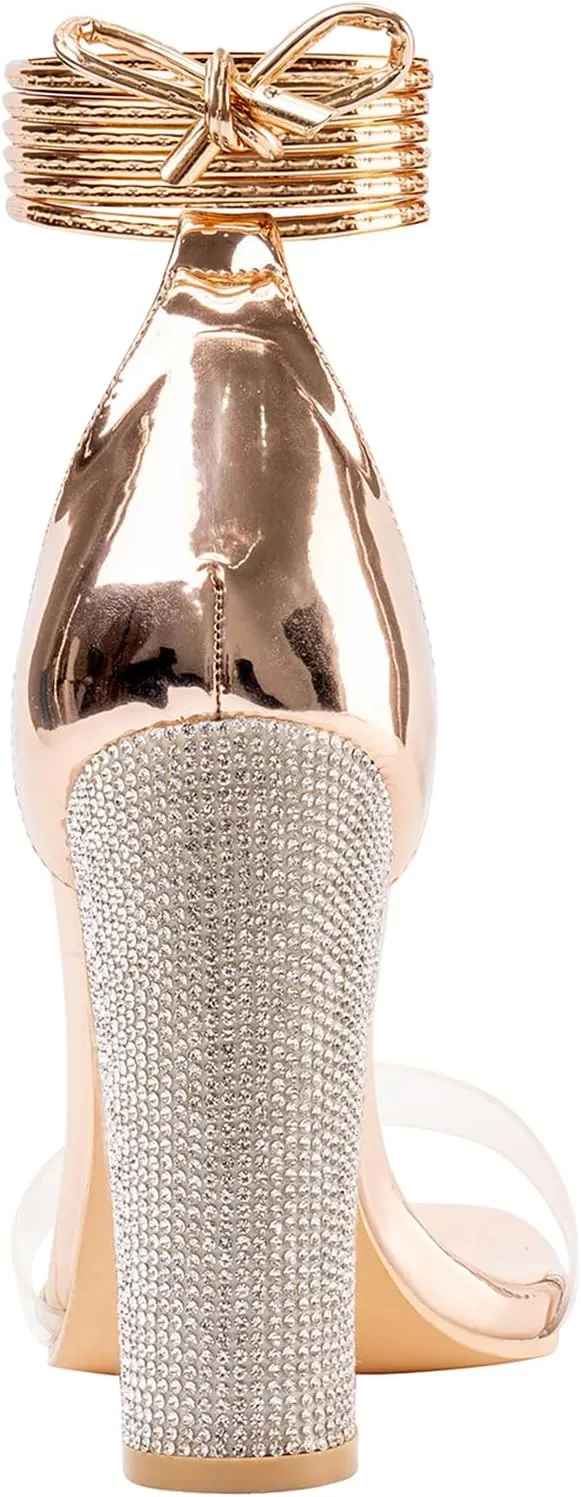 LALA IKAI Chunky Heels Sandals for Women Comfy Open Toe Strappy Rhinestone High Heeled Sandals White Silver Gold Black Ankle Clear Heels for Party Wedding