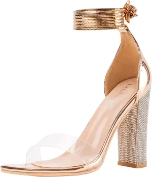 LALA IKAI Chunky Heels Sandals for Women Comfy Open Toe Strappy Rhinestone High Heeled Sandals White Silver Gold Black Ankle Clear Heels for Party Wedding