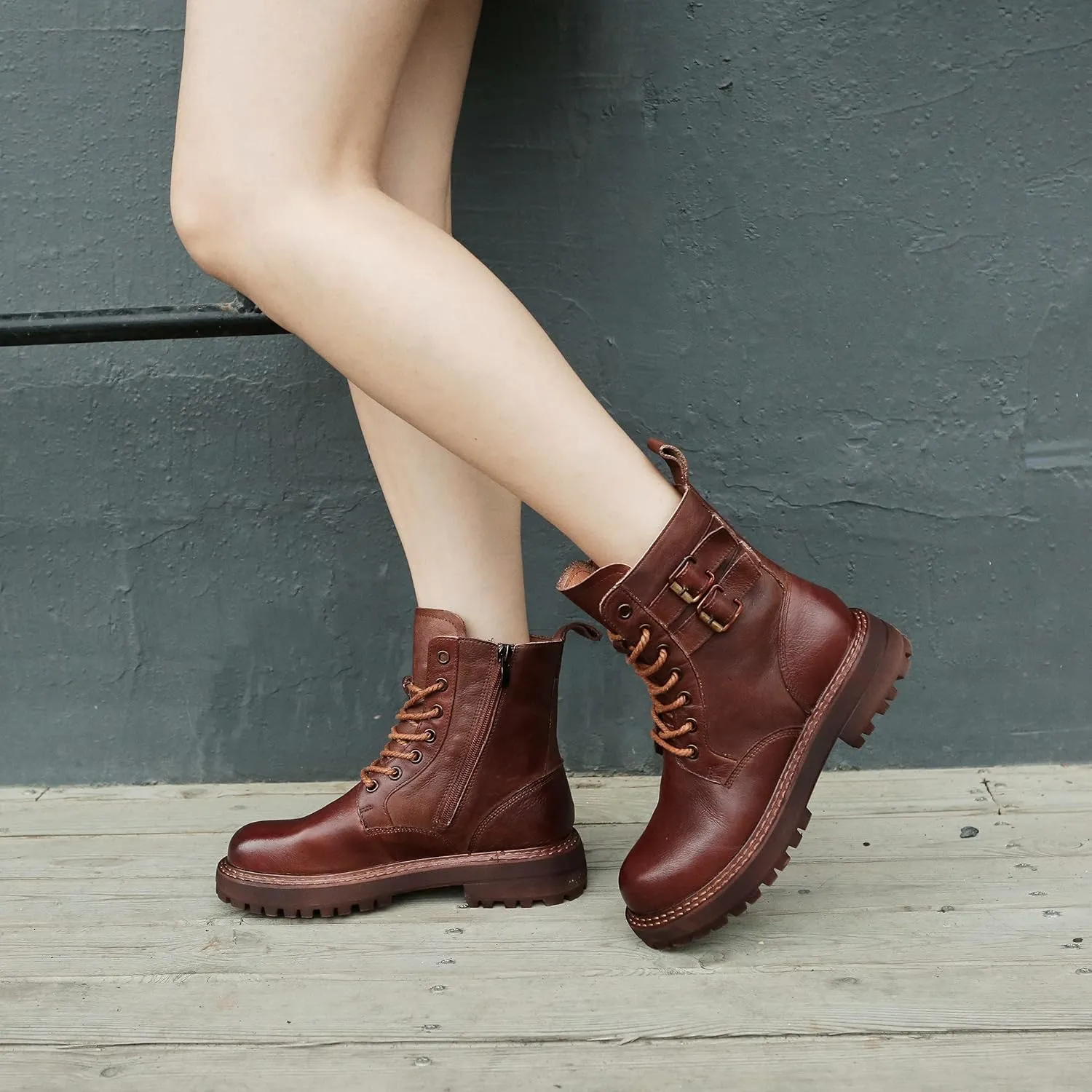 Leather Ankle Boots for Women Lace Up Booties Low Heel