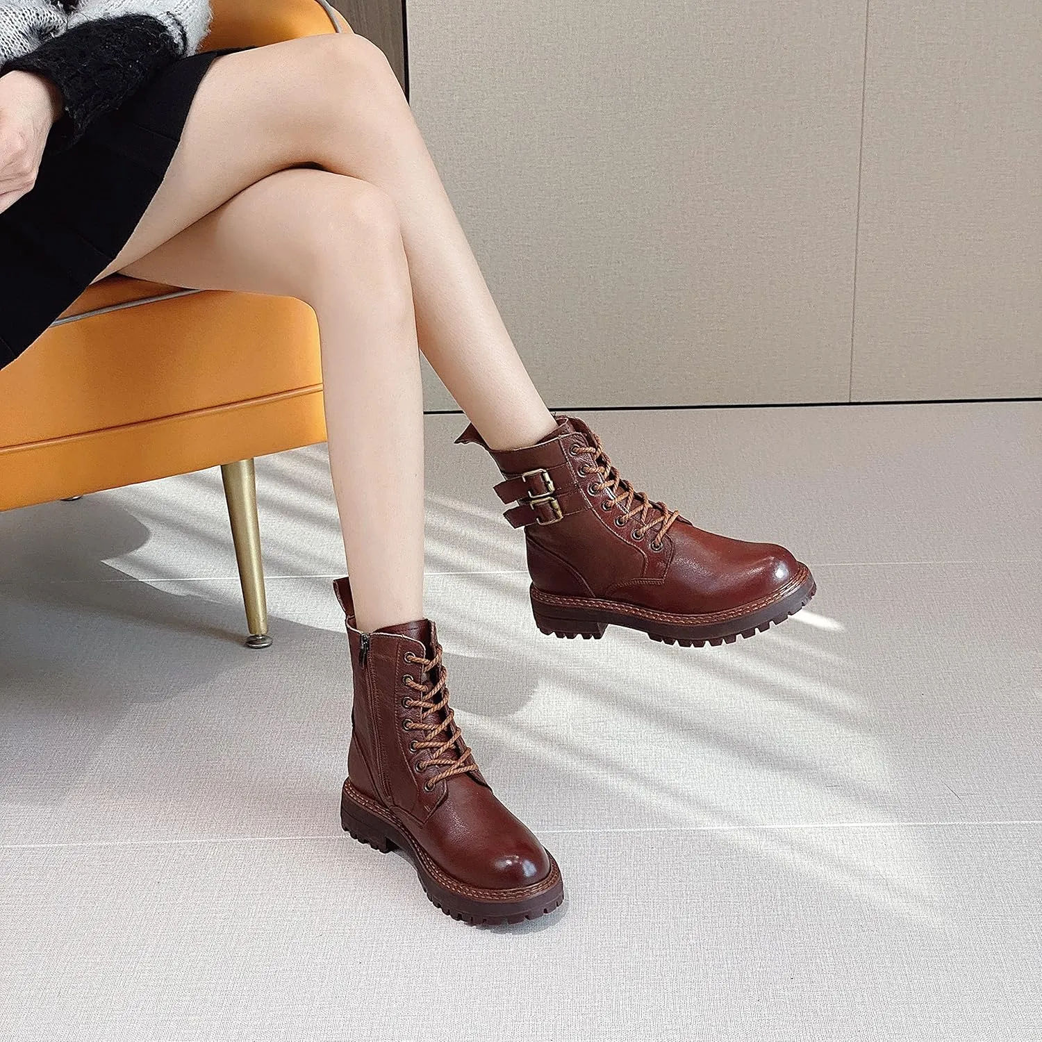 Leather Ankle Boots for Women Lace Up Booties Low Heel
