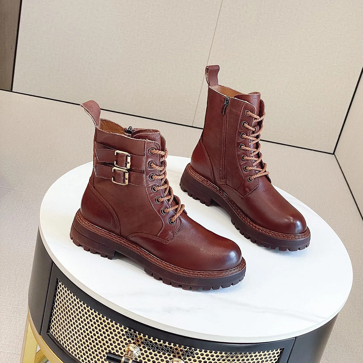 Leather Ankle Boots for Women Lace Up Booties Low Heel