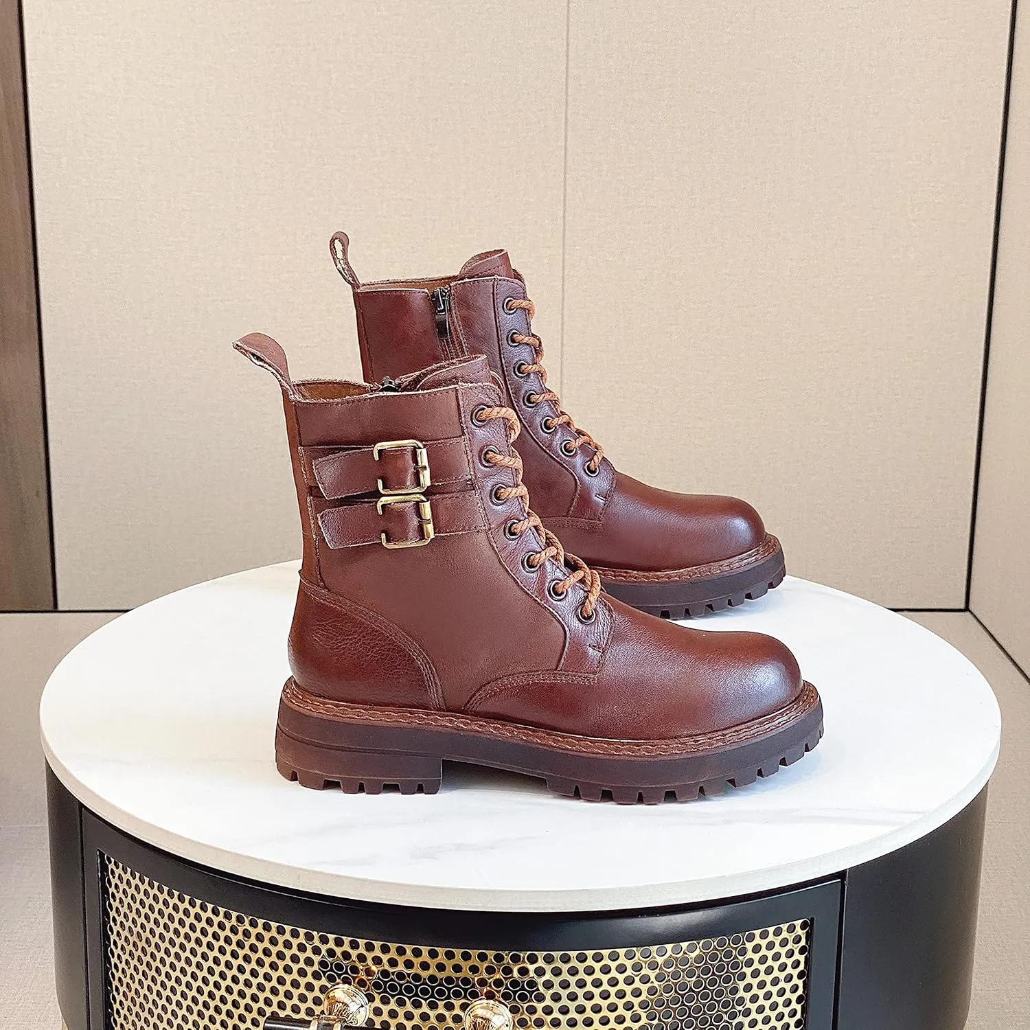 Leather Ankle Boots for Women Lace Up Booties Low Heel