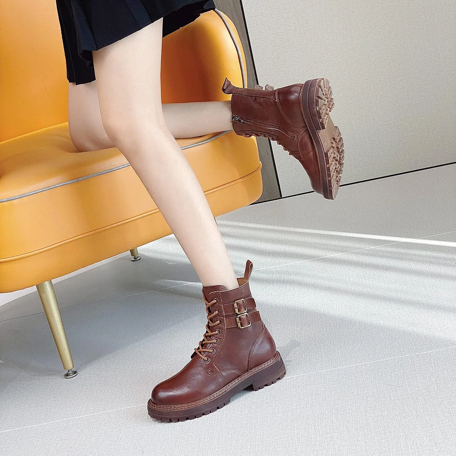 Leather Ankle Boots for Women Lace Up Booties Low Heel