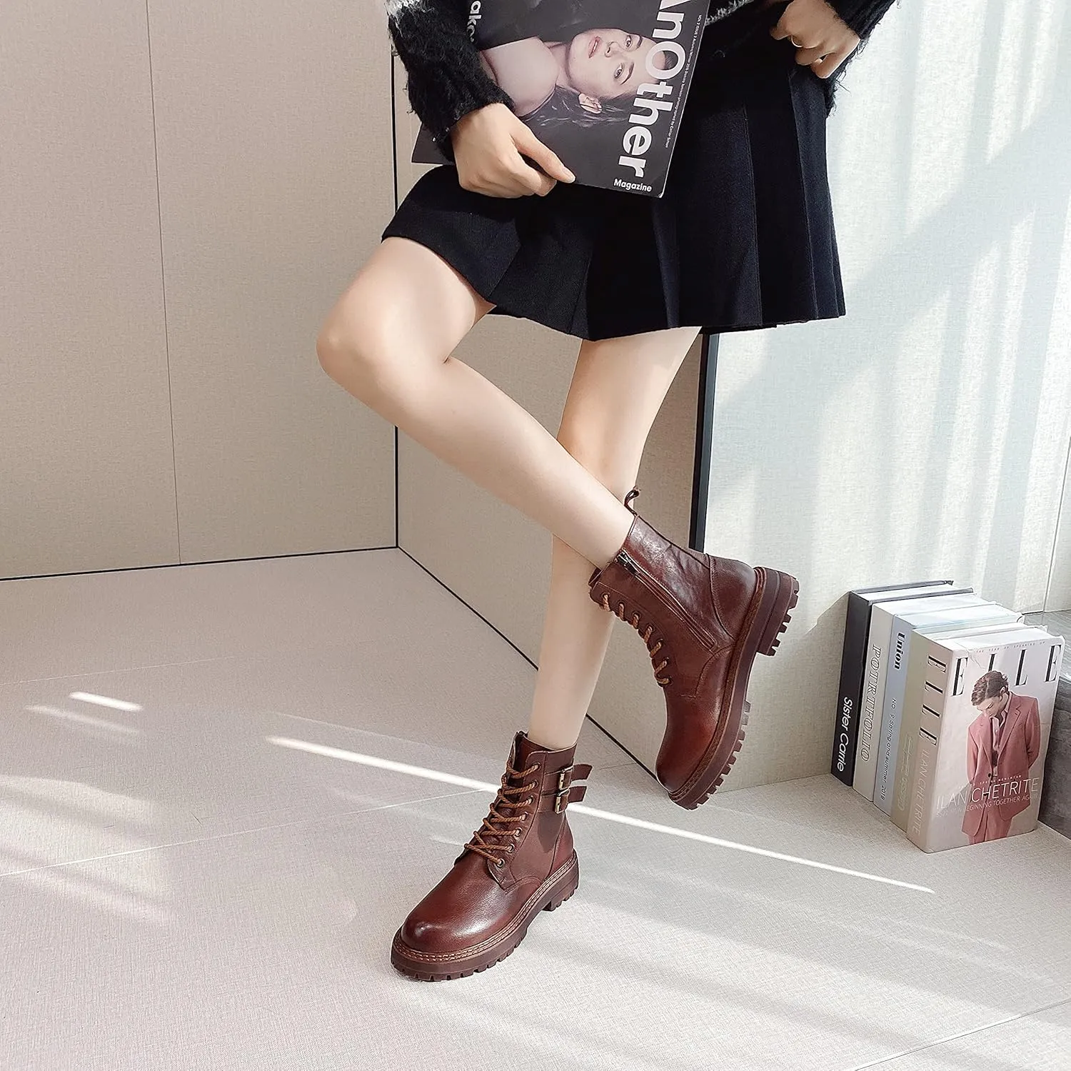 Leather Ankle Boots for Women Lace Up Booties Low Heel