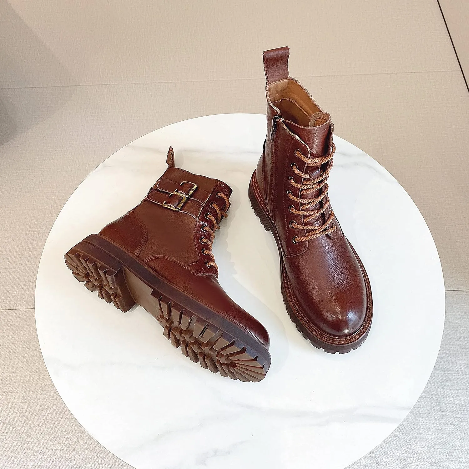 Leather Ankle Boots for Women Lace Up Booties Low Heel