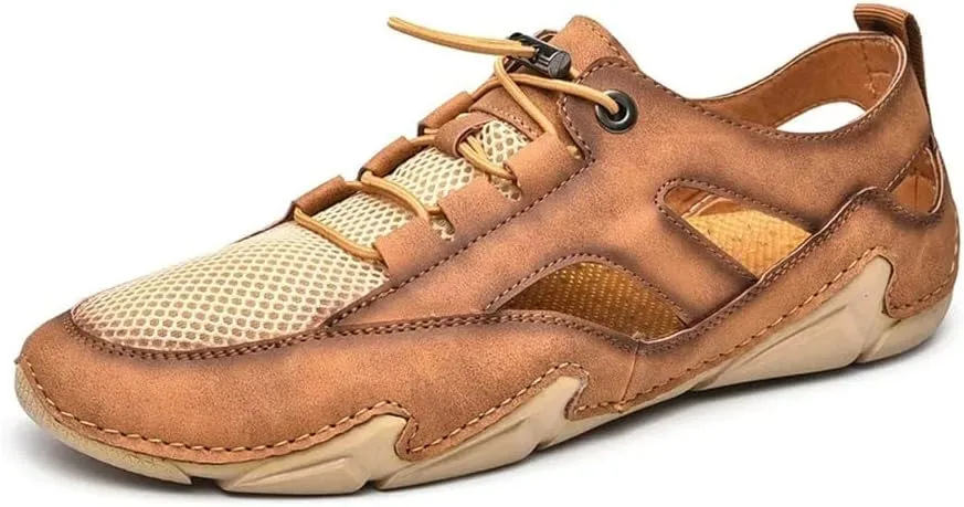 Leather Mens Sandals Breathable Mesh Casual Shoes Men Outdoor Beach Sandals Men Slippers(44)