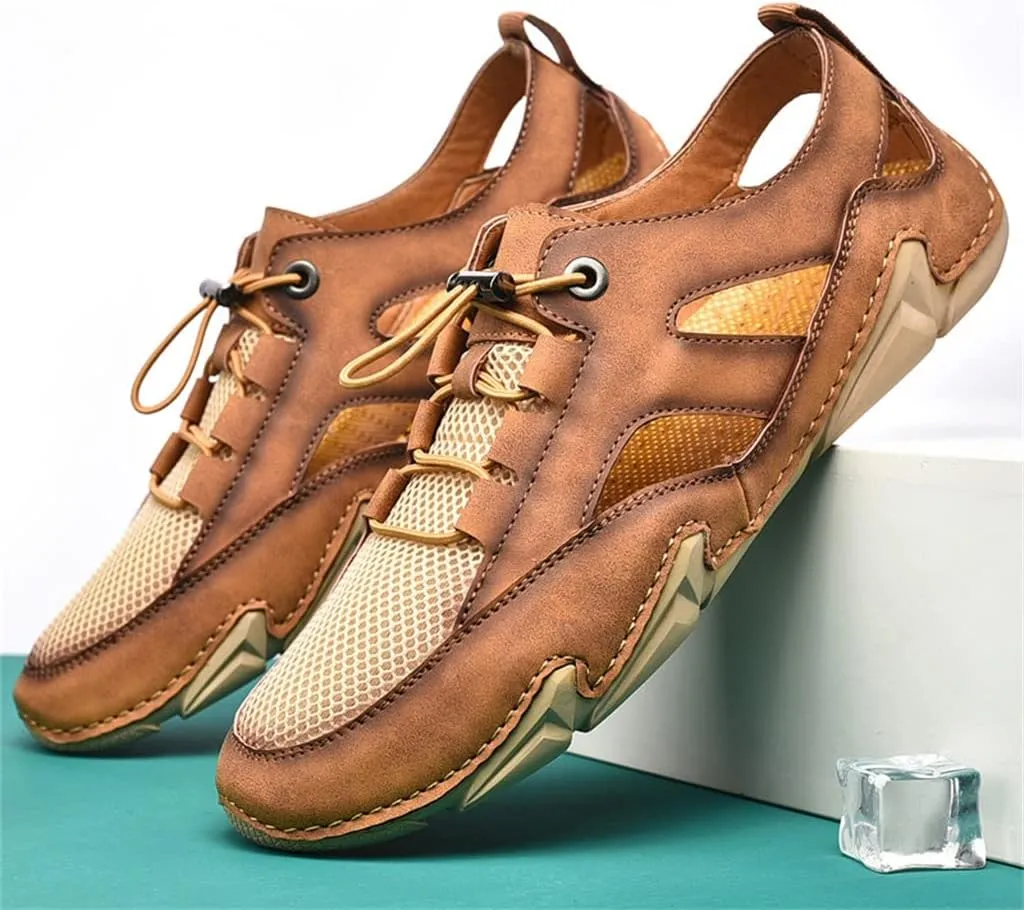 Leather Mens Sandals Breathable Mesh Casual Shoes Men Outdoor Beach Sandals Men Slippers(44)