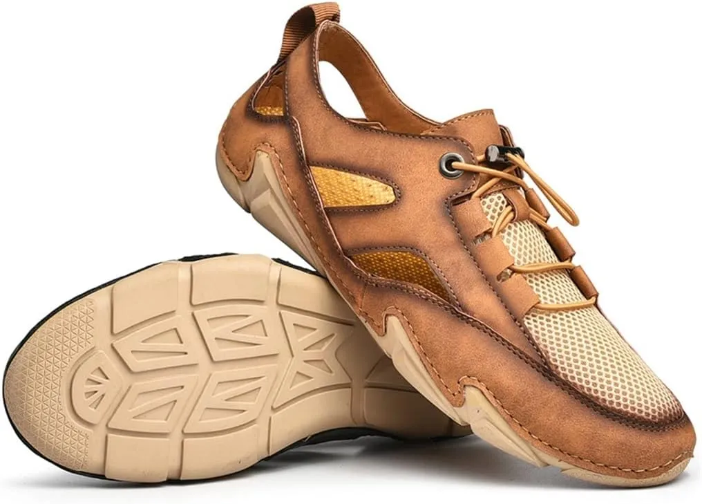 Leather Mens Sandals Breathable Mesh Casual Shoes Men Outdoor Beach Sandals Men Slippers(44)