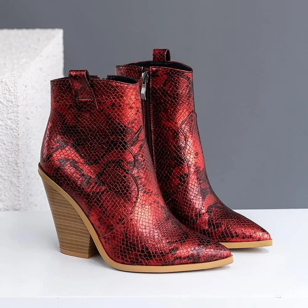 LEHOOR Women Chunky Heel Western Booties Animal Print Women Side Zipper Cowboy Ankle Boots Stacked Heel Pointed Toe Short Boots Mid Calf Cowgirl Classic Sexy Vintage Party Casual 5-11 M US