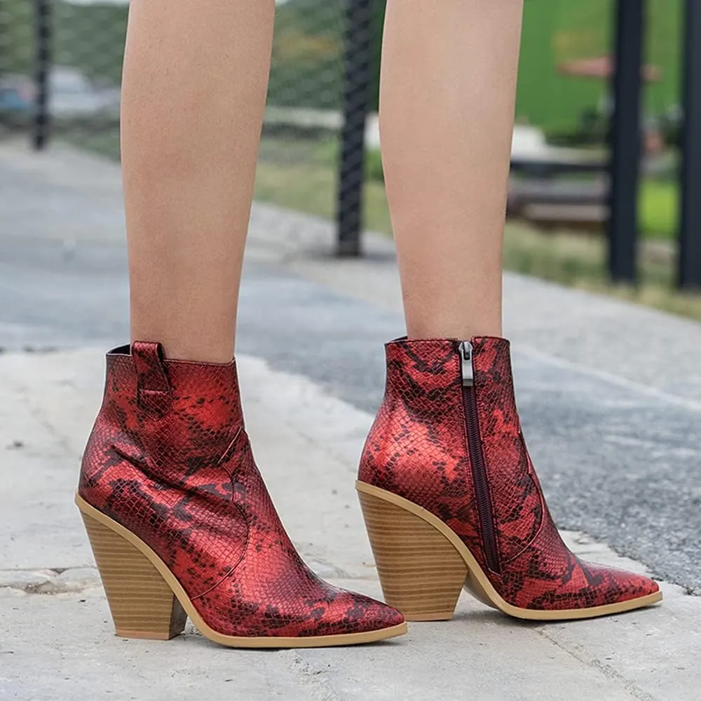 LEHOOR Women Chunky Heel Western Booties Animal Print Women Side Zipper Cowboy Ankle Boots Stacked Heel Pointed Toe Short Boots Mid Calf Cowgirl Classic Sexy Vintage Party Casual 5-11 M US