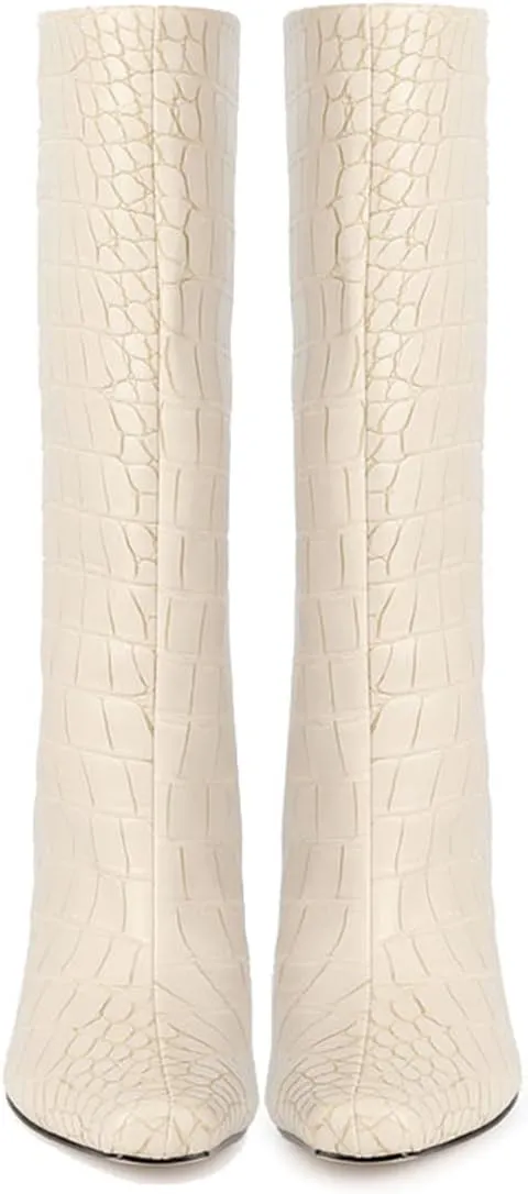 LEHOOR Women Wide Calf Knee High Boots Low Chunky Block Heel Pull On Mid Calf Crocodile Boots Square Toe Fall Fashion Tall Winter Boot Kitten Heel Warm Dressy Casual Party Long Riding Boots 4-12 M US