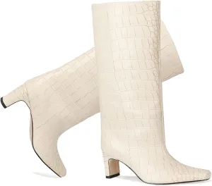 LEHOOR Women Wide Calf Knee High Boots Low Chunky Block Heel Pull On Mid Calf Crocodile Boots Square Toe Fall Fashion Tall Winter Boot Kitten Heel Warm Dressy Casual Party Long Riding Boots 4-12 M US