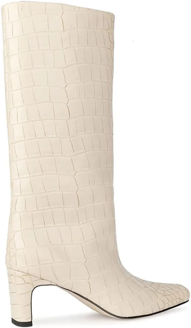 LEHOOR Women Wide Calf Knee High Boots Low Chunky Block Heel Pull On Mid Calf Crocodile Boots Square Toe Fall Fashion Tall Winter Boot Kitten Heel Warm Dressy Casual Party Long Riding Boots 4-12 M US