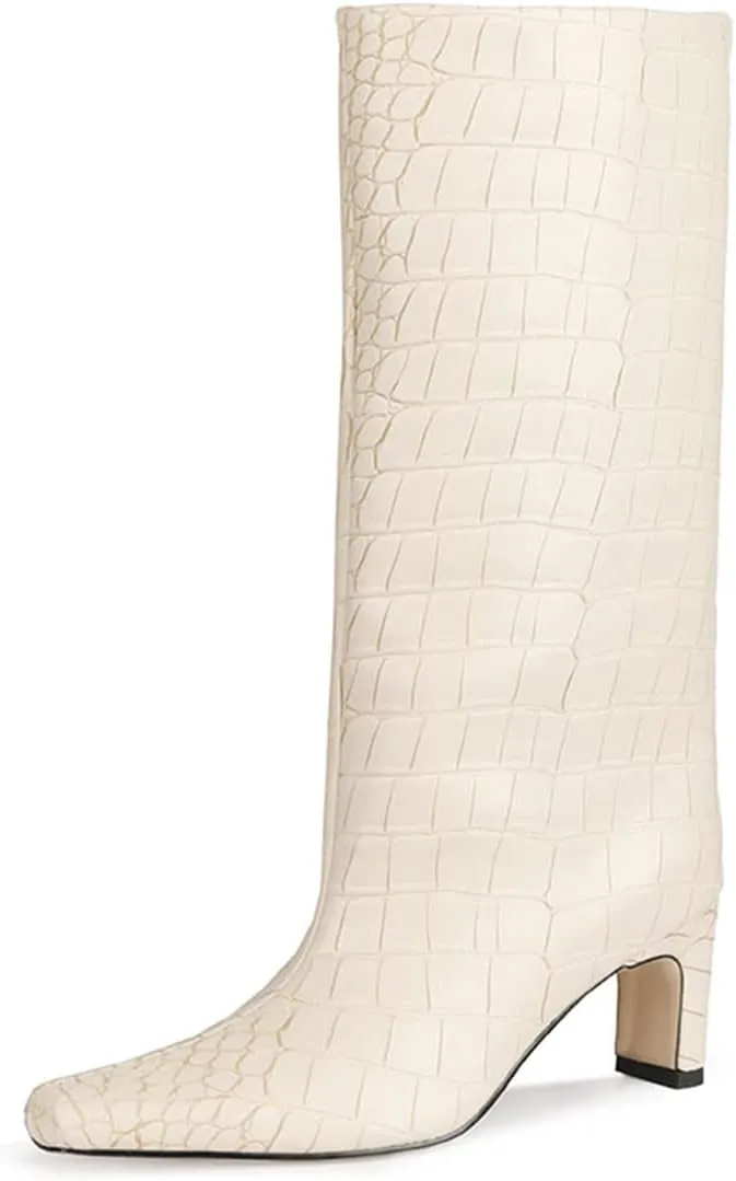 LEHOOR Women Wide Calf Knee High Boots Low Chunky Block Heel Pull On Mid Calf Crocodile Boots Square Toe Fall Fashion Tall Winter Boot Kitten Heel Warm Dressy Casual Party Long Riding Boots 4-12 M US