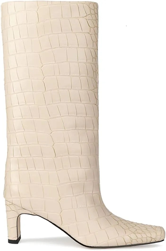 LEHOOR Women Wide Calf Knee High Boots Low Chunky Block Heel Pull On Mid Calf Crocodile Boots Square Toe Fall Fashion Tall Winter Boot Kitten Heel Warm Dressy Casual Party Long Riding Boots 4-12 M US