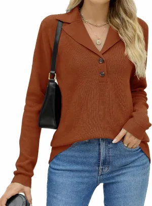 LOMON Womens Fall Sweaters 2024 Knitted V-Neck Collared Business Button Pullover Long Sleeve Winter Dressy Casual Jumper