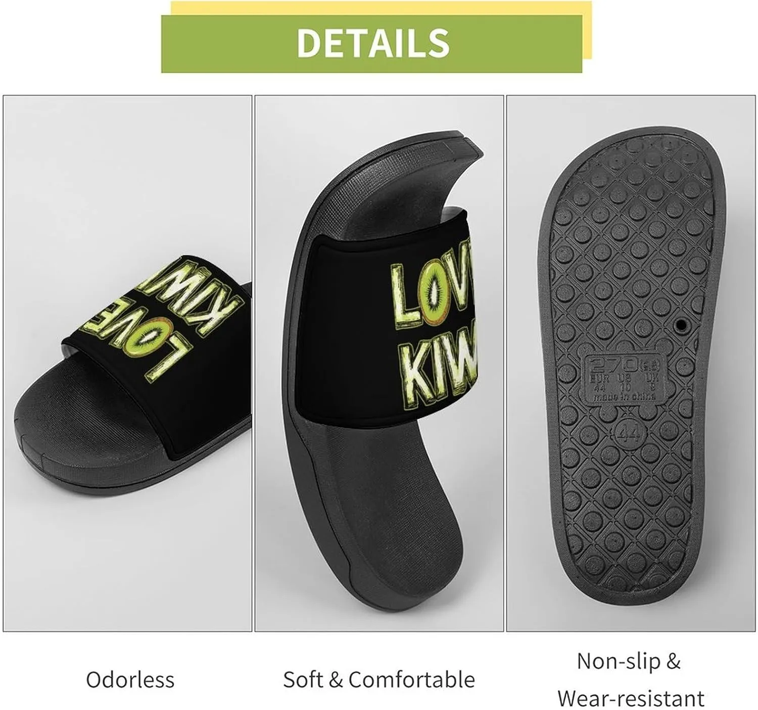 Love Kiwi Shower Sandals PVC Pillow Slippers Bath Slip On Home Shoes Non-Slip for Outdoor