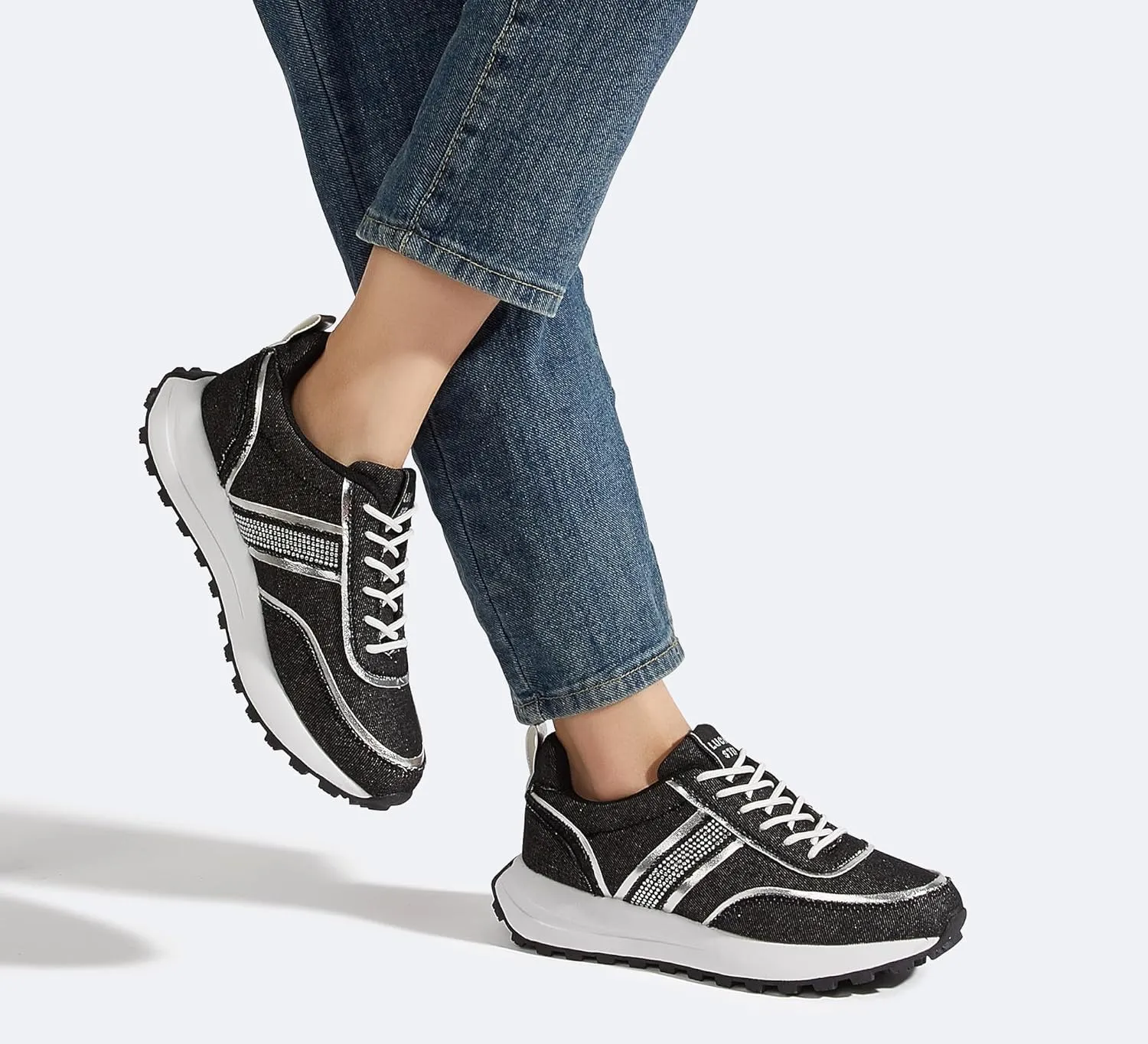 LUCKY STEP Women Platform Walking Shoe Fashion Retro Classic Casual Trainers Braided Rhinestone Sneakers Tennis Running Walking Shoes