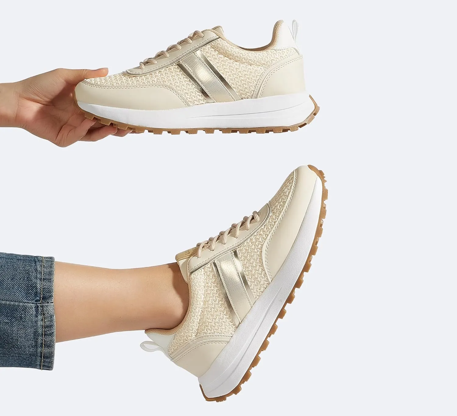 LUCKY STEP Women Platform Walking Shoe Fashion Retro Classic Casual Trainers Braided Rhinestone Sneakers Tennis Running Walking Shoes