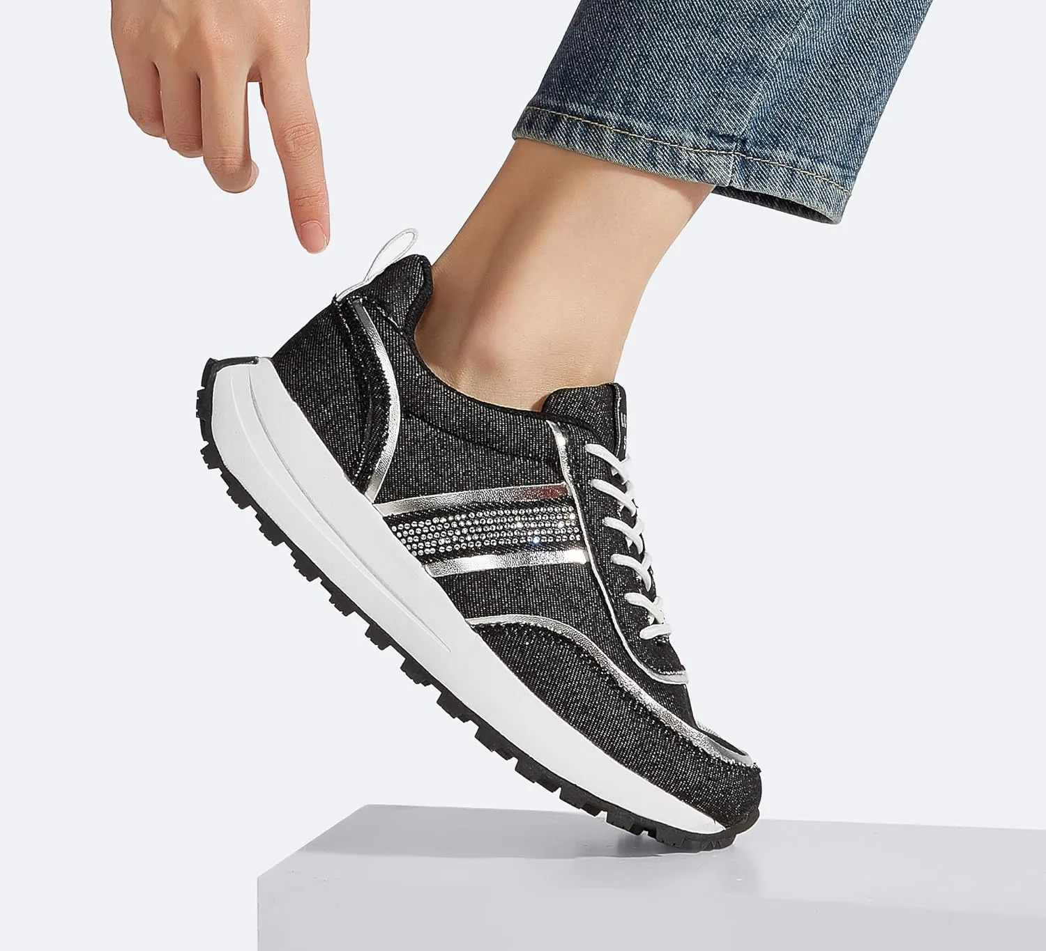 LUCKY STEP Women Platform Walking Shoe Fashion Retro Classic Casual Trainers Braided Rhinestone Sneakers Tennis Running Walking Shoes