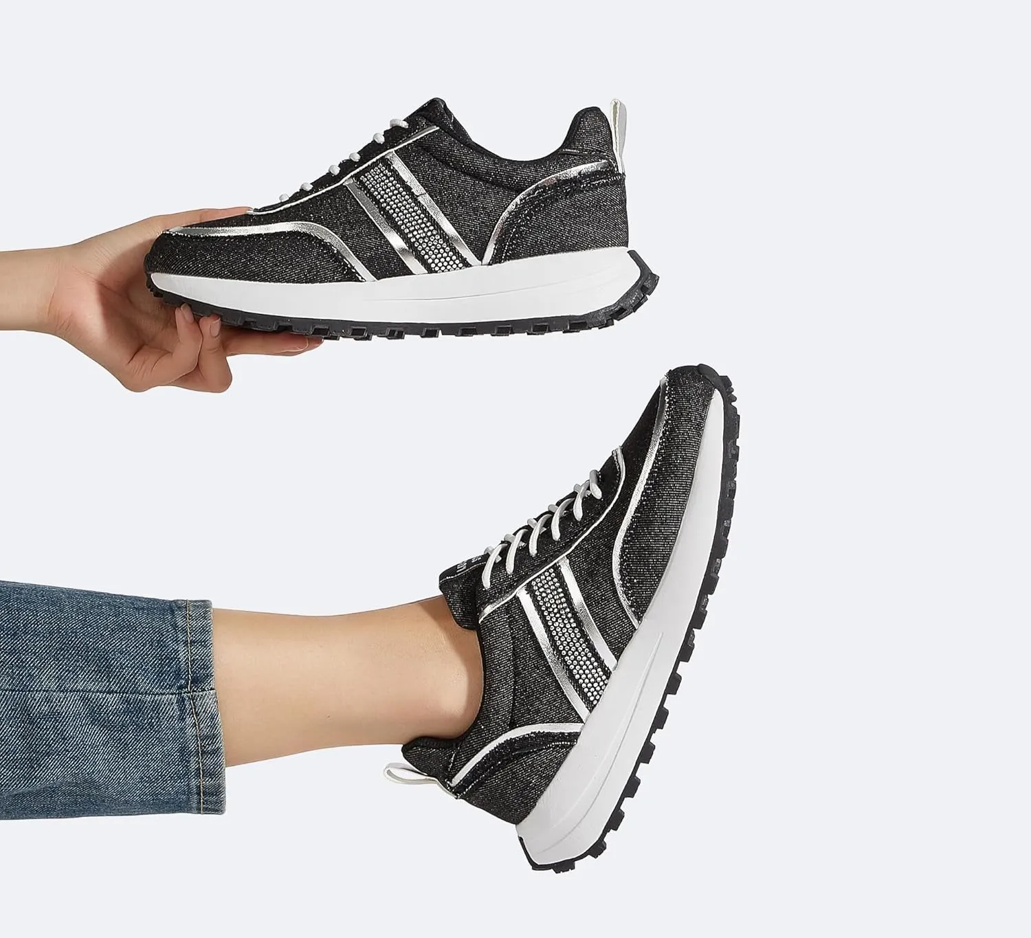 LUCKY STEP Women Platform Walking Shoe Fashion Retro Classic Casual Trainers Braided Rhinestone Sneakers Tennis Running Walking Shoes