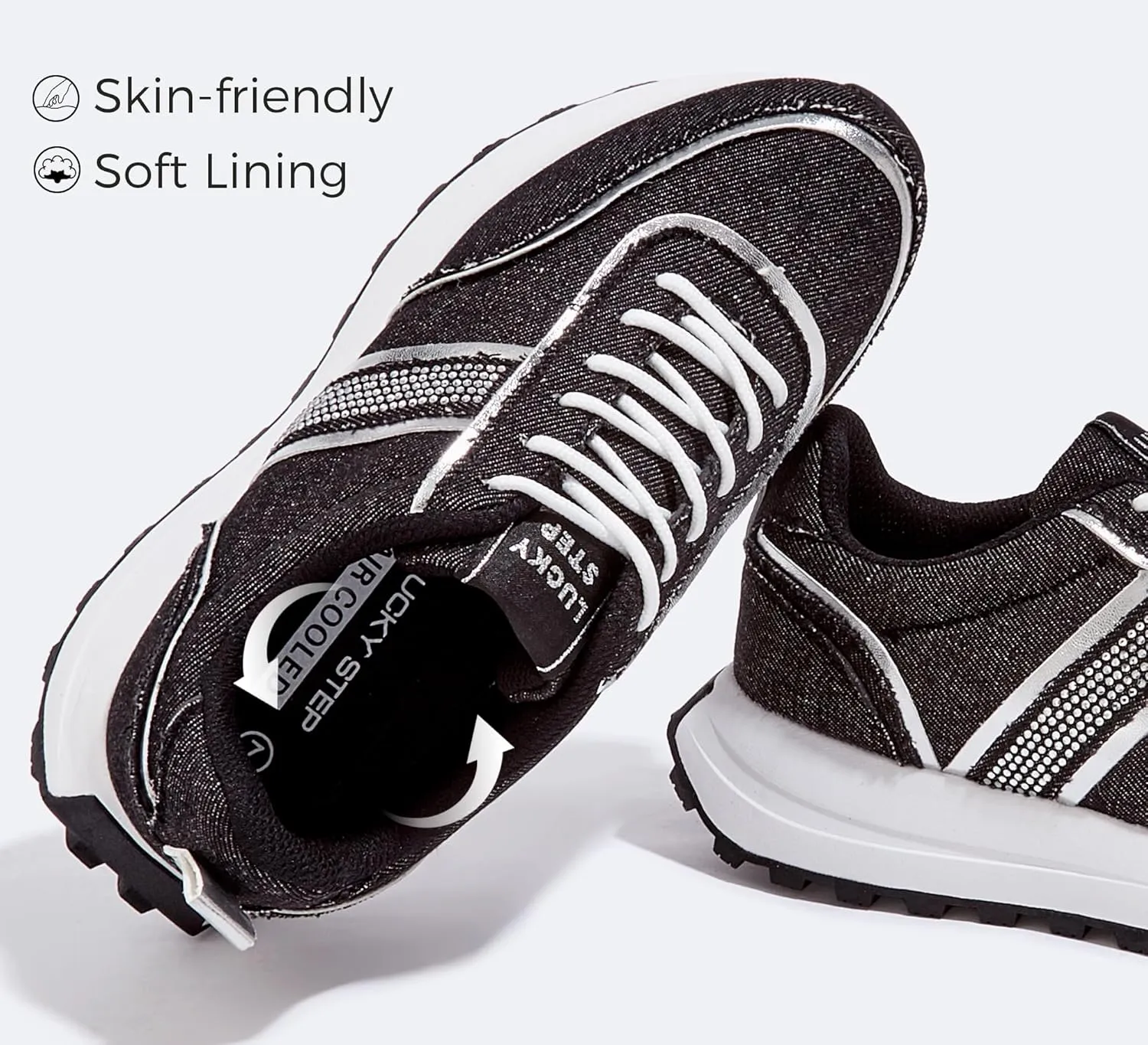 LUCKY STEP Women Platform Walking Shoe Fashion Retro Classic Casual Trainers Braided Rhinestone Sneakers Tennis Running Walking Shoes