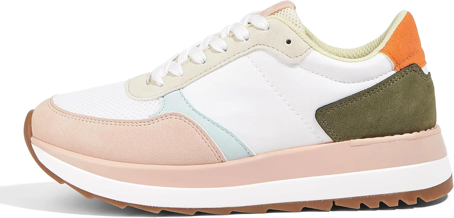 LUCKY STEP Women's Platform Fashion Sneakers Retro Neutral Classic Trainers Colorblock Casual Lace-up Stylish Tennis Chunky Walking Shoes