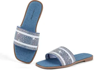 LUCKY STEP Women's Rhinestone Flat Sandals Square Open Toe Sparkly Glitter Fashion Braided Slide Sandals Summer
