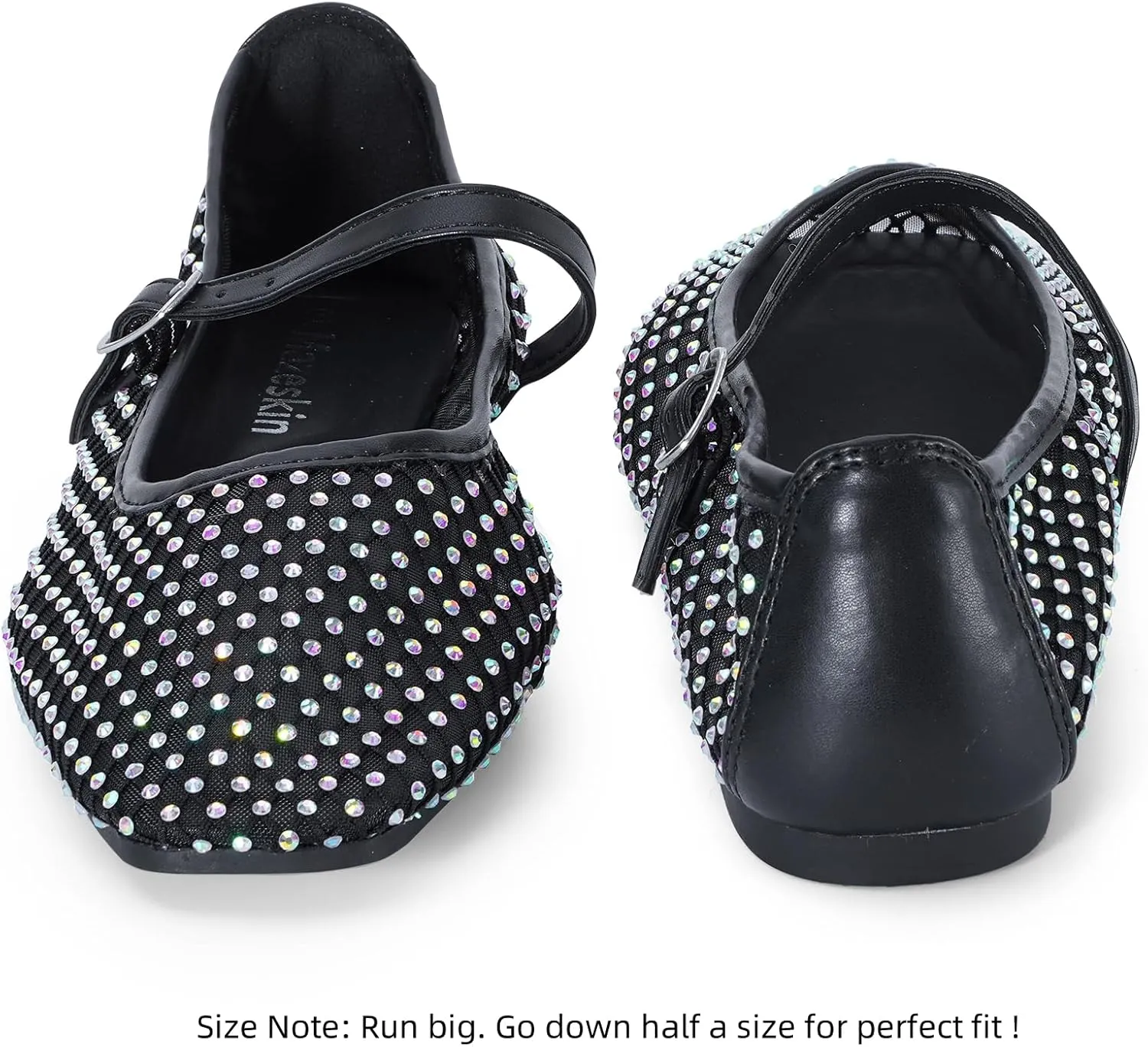 mazeskin Womens Mesh Memory Foam Ballet Flats Square Toe Shoes Ladies Comfortable Buckle Strap Ballerina Shoes with Rhinestone