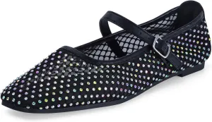 mazeskin Womens Mesh Memory Foam Ballet Flats Square Toe Shoes Ladies Comfortable Buckle Strap Ballerina Shoes with Rhinestone