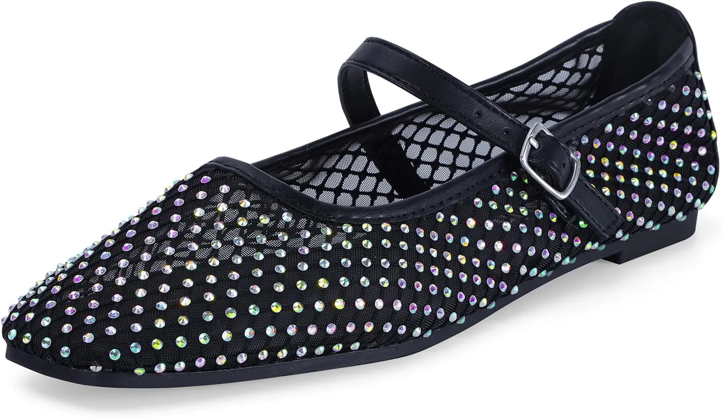mazeskin Womens Mesh Memory Foam Ballet Flats Square Toe Shoes Ladies Comfortable Buckle Strap Ballerina Shoes with Rhinestone
