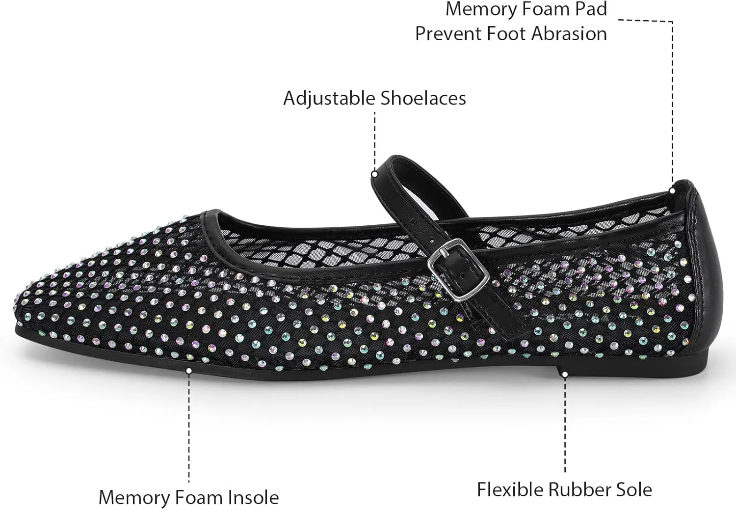 mazeskin Womens Mesh Memory Foam Ballet Flats Square Toe Shoes Ladies Comfortable Buckle Strap Ballerina Shoes with Rhinestone