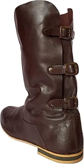 Medieval Brown Leather Boots 3 Buckle | Renaissance Inspired Loafer Boot | Halloween Costume Mens Boots | Re-Enactment Viking Mens Shoes| SCA LARP Riding Costume Boot for Cosplay | Long Boots