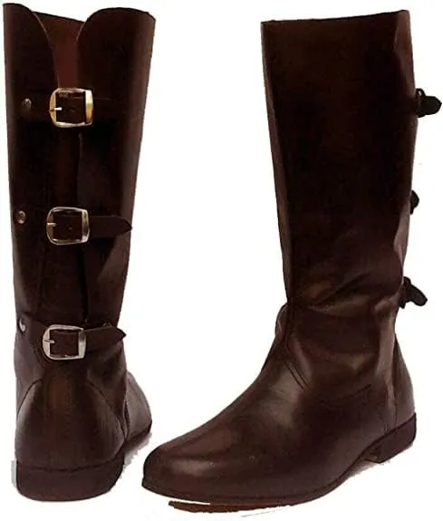Medieval Brown Leather Boots 3 Buckle | Renaissance Inspired Loafer Boot | Halloween Costume Mens Boots | Re-Enactment Viking Mens Shoes| SCA LARP Riding Costume Boot for Cosplay | Long Boots