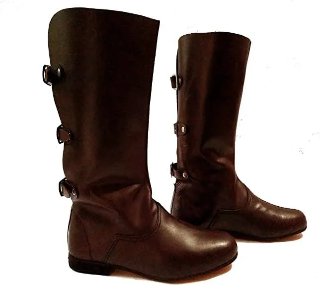 Medieval Brown Leather Boots 3 Buckle | Renaissance Inspired Loafer Boot | Halloween Costume Mens Boots | Re-Enactment Viking Mens Shoes| SCA LARP Riding Costume Boot for Cosplay | Long Boots