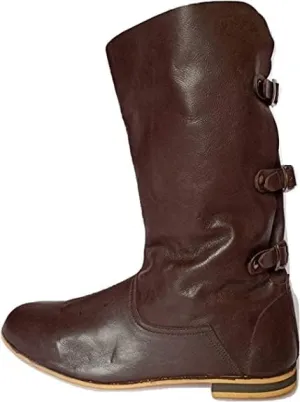 Medieval Brown Leather Boots 3 Buckle | Renaissance Inspired Loafer Boot | Halloween Costume Mens Boots | Re-Enactment Viking Mens Shoes| SCA LARP Riding Costume Boot for Cosplay | Long Boots