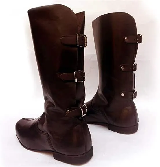 Medieval Brown Leather Boots 3 Buckle | Renaissance Inspired Loafer Boot | Halloween Costume Mens Boots | Re-Enactment Viking Mens Shoes| SCA LARP Riding Costume Boot for Cosplay | Long Boots