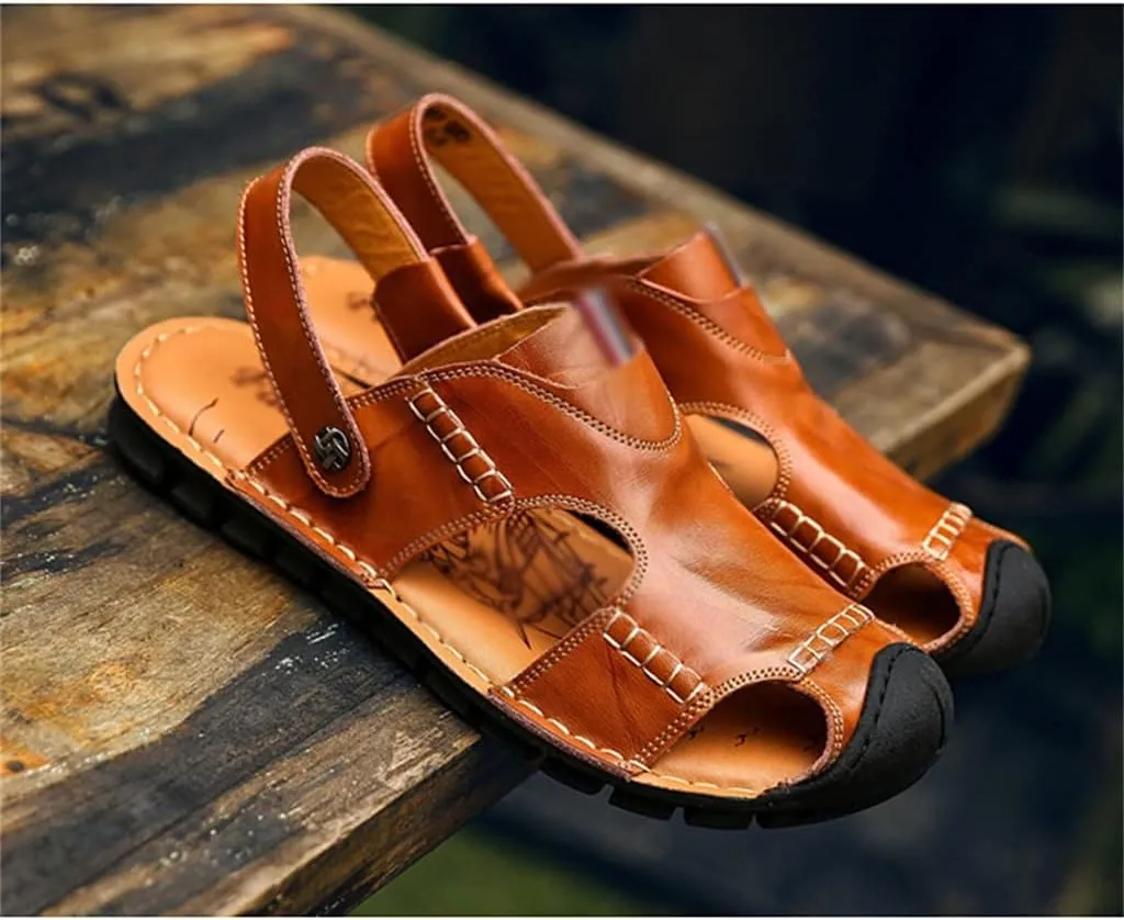 Men Beach Genuine Leather Sandals Shoes Outdoor Hiking Climbing Comfortable Male Soft(39)